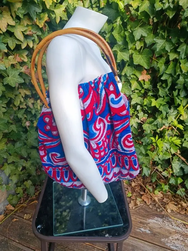 Sac à main cabas vintage en éponge – Motifs psychédéliques & Poignées Bambou — photo 1